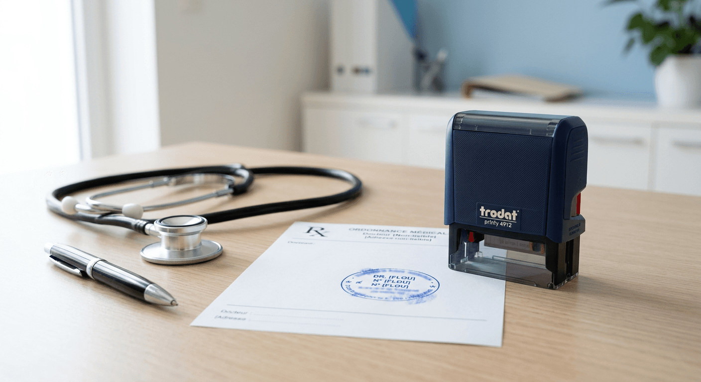 Tampon encreur de médecin posé sur une ordonnance, à côté d'un stéthoscope