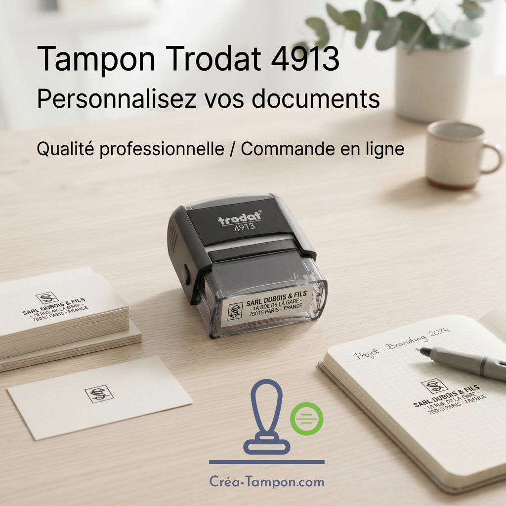 Tampon encreur personnalisé Trodat 4913 et son empreinte fraîche sur des cartes et un carnet